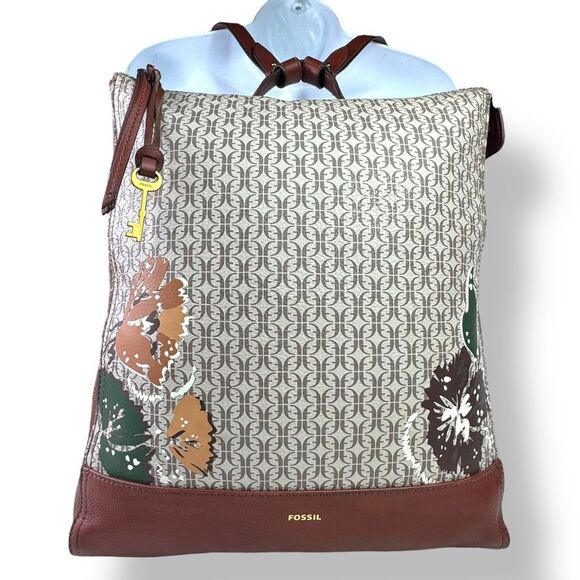 Fossil Elina Large Convertible Backpack Floral Brown Cream Leather Shoulder Bag - Picture 1 of 14